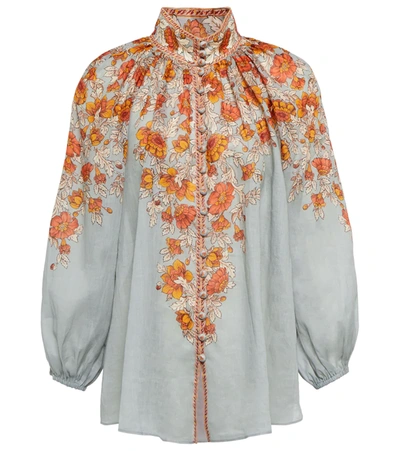 Zimmermann Andie Stand-collar Floral-print Ramie Voile Blouse In Blue,multi-colour