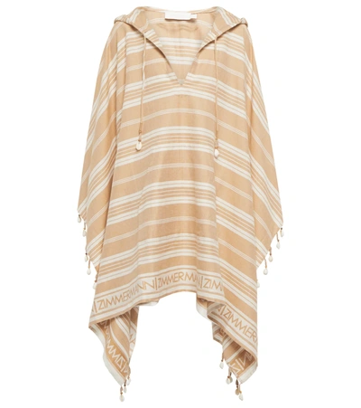 Zimmermann Andie Hooded Shell-embellished Striped Cotton And Linen-blend Kaftan In Camel Stripe