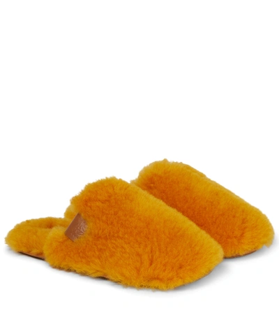 Loewe Logo-patch Shearling Slippers In Mustard