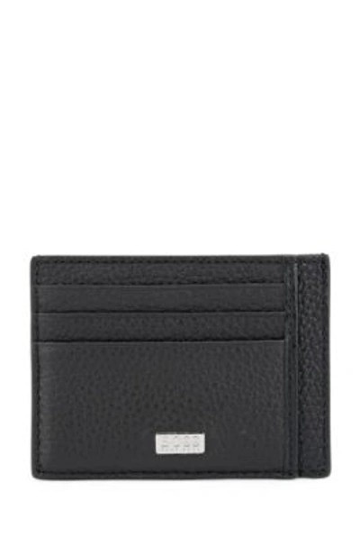 Hugo Boss Card Holder In Italian Leather With Engraved-logo Plate- Black Men's Wallets