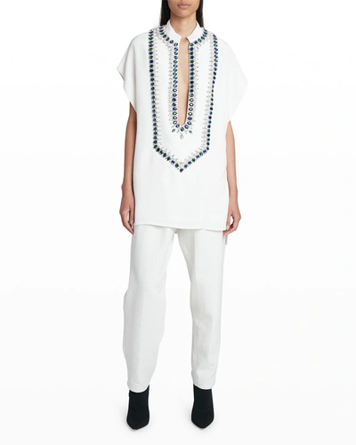 Balmain Jewel-embroidered Plunging Tunic Shirt In White Multi