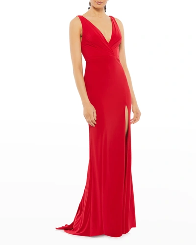 Ieena For Mac Duggal V-neck Sleeveless Jersey Column Gown With Thigh Slit In Red