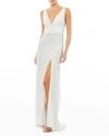Mac Duggal V-neck Sleeveless Jersey Column Gown With Thigh Slit In White