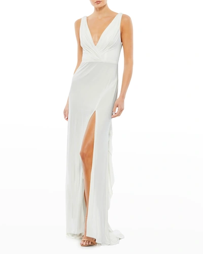 Ieena For Mac Duggal V-neck Sleeveless Jersey Column Gown With Thigh Slit In White