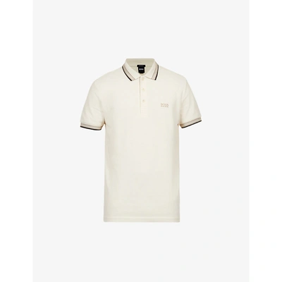 Hugo Boss Logo-embroidered Slim-fit Cotton-piqué Polo Shirt In Open White
