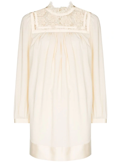 Saint Laurent Broderie Anglaise Long-sleeve Minidress In Nude