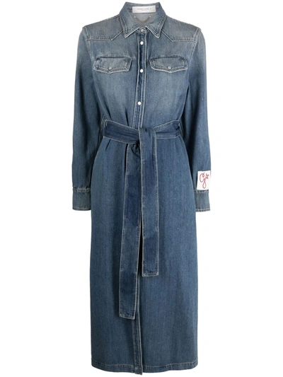 Golden Goose Logo-patch Long-sleeve Denim Dress In Blue