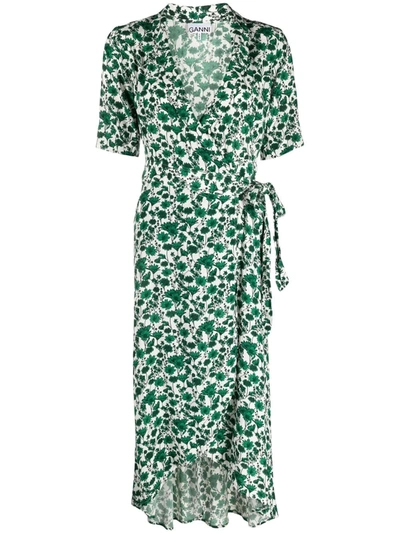 Ganni Floral Print Wrap Midi Dress In Green