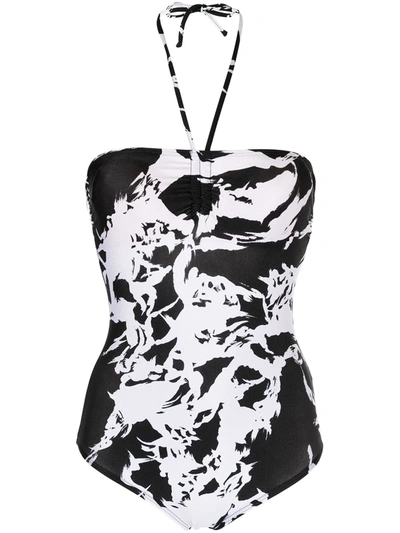 Pre-owned Dior 1990s  Abstract Print Halterneck Swimsuit In Black