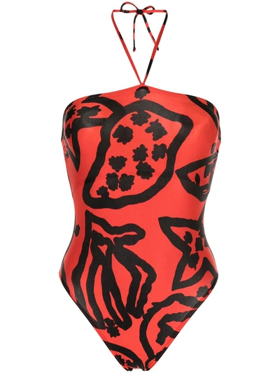 Pre-owned Dior 1990s  Abstract Print Halterneck Swimsuit In Orange