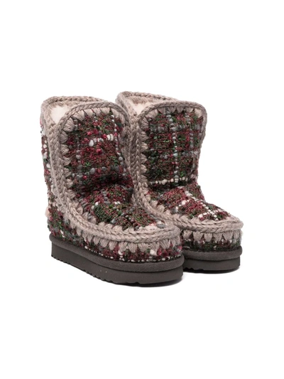 Mou Kids' Shearling-lined Checked Knitted Eskimo Boots In Green