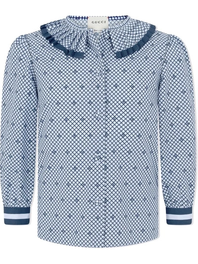 Gucci Kids' G Check Pleated Collar Shirt In Blue