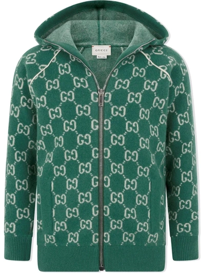 Gucci Kids' Gg Jacquard Zip-front Hoodie In Green