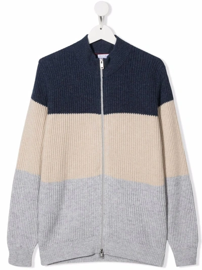Brunello Cucinelli Kids' Colour-block Cashmere-wool Blend Zip Jacket In Blue
