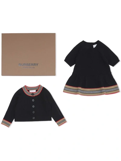 Burberry Babies' Icon Stripe Two-piece Knitted Dress And Cardigan Set In Black