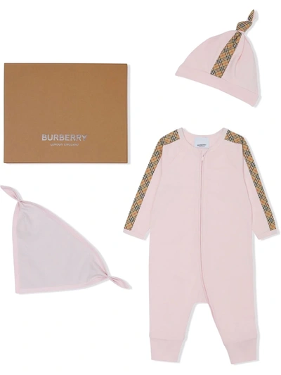 Burberry Babies' Vintage Check Trim Three-piece Gift Set In Alabaster Pink