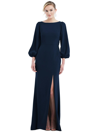 DESSY COLLECTION DESSY COLLECTION BISHOP SLEEVE OPEN-BACK TRUMPET GOWN WITH SCARF TIE