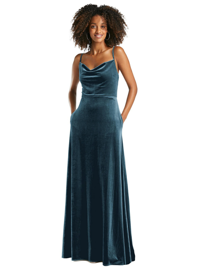 After Six Dessy Collection Cowl-neck Velvet Maxi Dress With Pockets In Blue