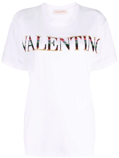Valentino Sequin-embellished Embroidered Cotton-jersey T-shirt In White