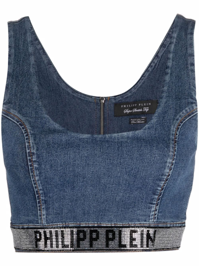 Philipp Plein Super-stretch Logo-embellished Cropped Denim Top In 蓝色