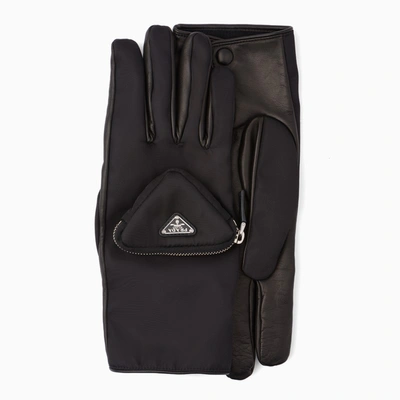 Prada Black Nylon Gloves With Triangular Mini Pouch
