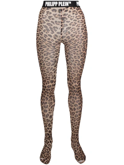 Philipp Plein Leopard-print Logo Waistband Tights In Brown