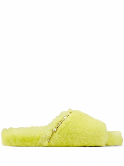 Jimmy Choo Acinda Shearling Crystal-strap Slide Sandals In Yellow