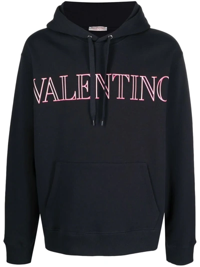Valentino Logo Print Cotton Jersey Hoodie In Blue