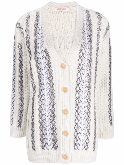 Valentino Sequin-embellished Logo Cable-knit Wool Cardigan Sweater In White