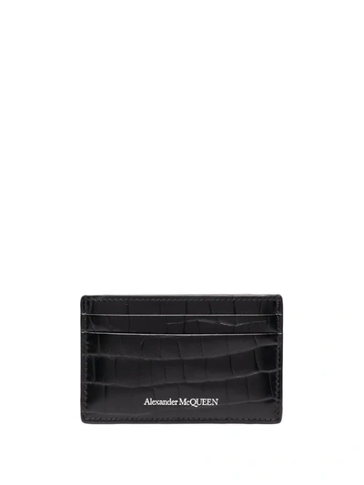 Alexander Mcqueen Crocodile-effect Leather Cardholder In Black