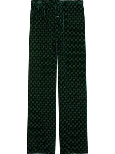 Gucci Gg-logo Velvet Trousers In Green