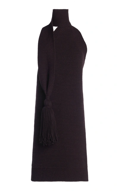 Bottega Veneta Asymmetric Knitted Haltner-neck Dress In Brown