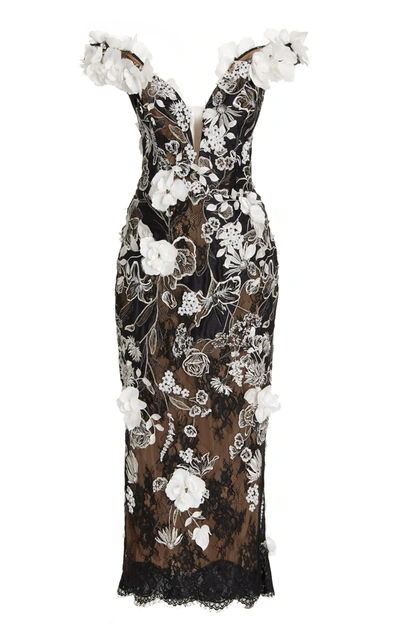 Marchesa Women's Floral-appliquéd Lace Off-the-shoulder Midi Dress In Black White