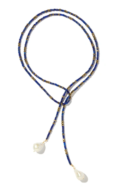 Joie Digiovanni Pearl; Lapis; Pyrite Gold-filled Lariat Necklace In Blue