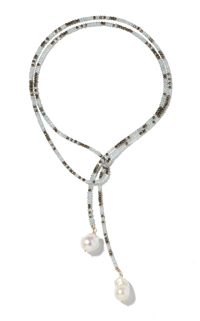 Joie Digiovanni Pearl; Aquamarine; Pyrite Gold-filled Lariat Necklace In Blue