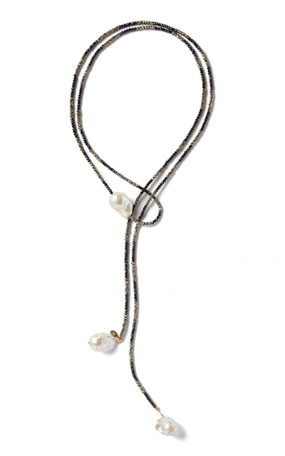 Joie Digiovanni Pearl; Spinel; Pyrite Gold-filled Lariat Necklace In Black