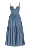 Carolina Herrera Ruched Bustier Tiered Midi Dress - Bci Cotton In Blue