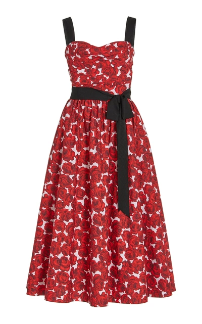 Carolina Herrera Women's Belted Floral Stretch-cotton Midi Dress In Red