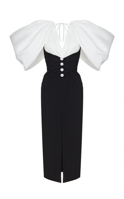 Rasario Embellished Two-tone Dupioni And Crepe Midi Dress In Black,white |  ModeSens