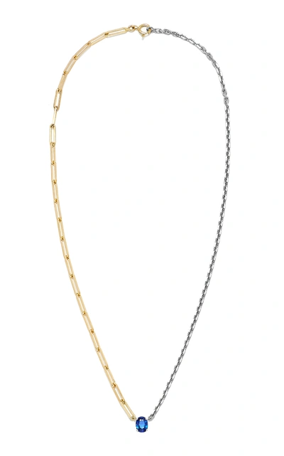 Yvonne Léon 9k White And Yellow Gold Sapphire Pendant Chain Necklace In Silver