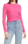 Topshop Side Ruched Mesh Top In Bright Pink