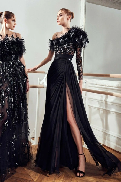Zuhair Murad Beaded & Feather Bodice Gown In Black