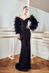 ZUHAIR MURAD LACE GOWN WITH FEATHERED SLEEVES,477C71FE-2767-AB32-52CB-ADA8D1B59B29