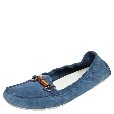 Pre-owned Gucci Blue Suede Bamboo Horsebit Loafers Size 38.5