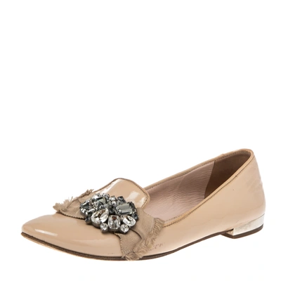 Pre-owned Miu Miu Nude Patent Leather Crystals Bow Ballet Flats Size 37 In Beige