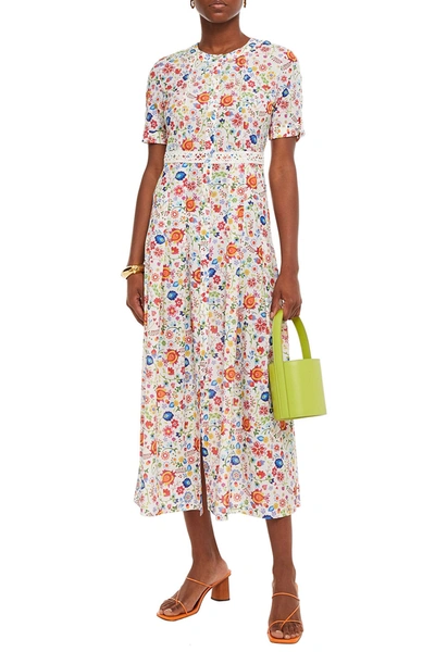 Paloma Blue May Pleated Floral-print Crepe De Chine Midi Dress In White