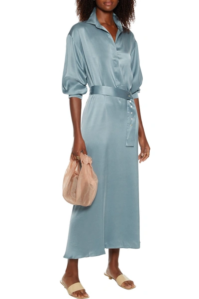 Asceno Porto Belted Washed-silk Maxi Shirt Dress In Slate Blue