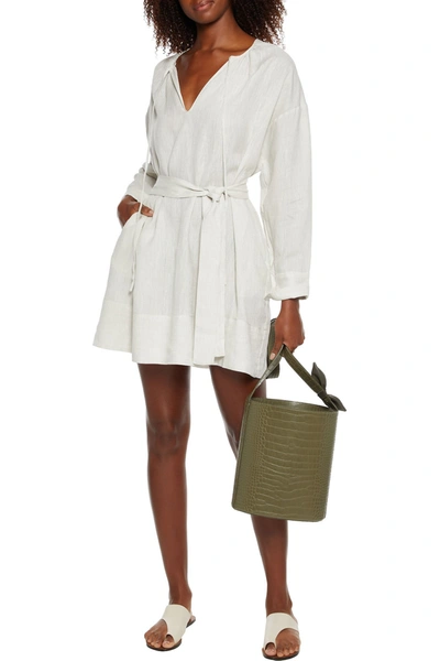 Asceno Santorini Belted Slub Organic Linen Mini Dress In Stone