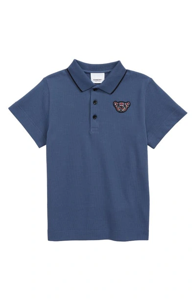 Burberry Kids' Boy's Hecter Embroidered Vintage Check Bear Polo Shirt In Pebble Blue