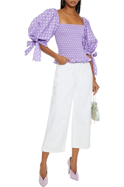 Caroline Constas Nora Shirred Polka-dot Cotton-blend Poplin Top In Lavender